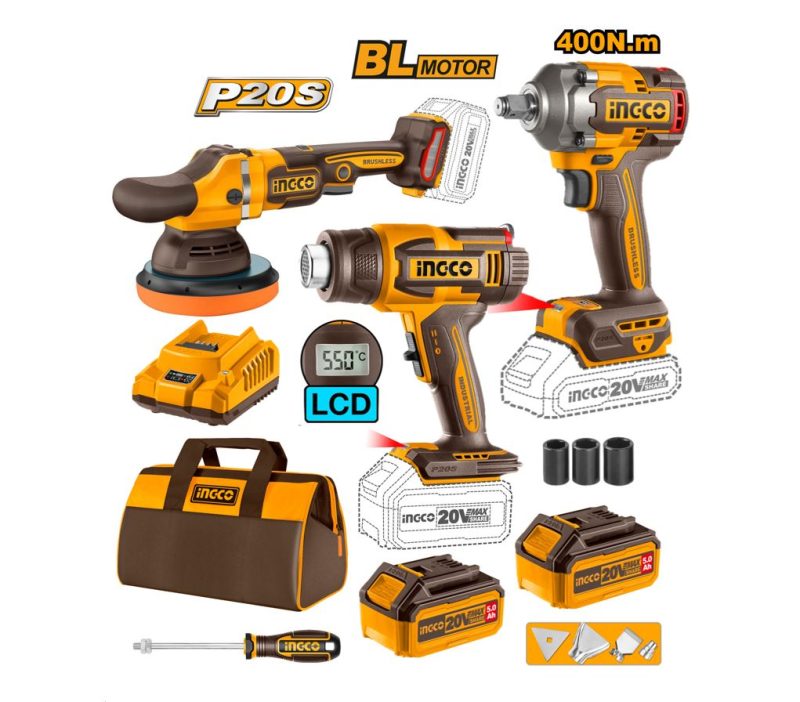 COMBO DE HERRAMIENTA INGCO PISTOLA CALOR+P.IMPACTO+ROBINEADORA ROTOORBITAL - COSLI240863