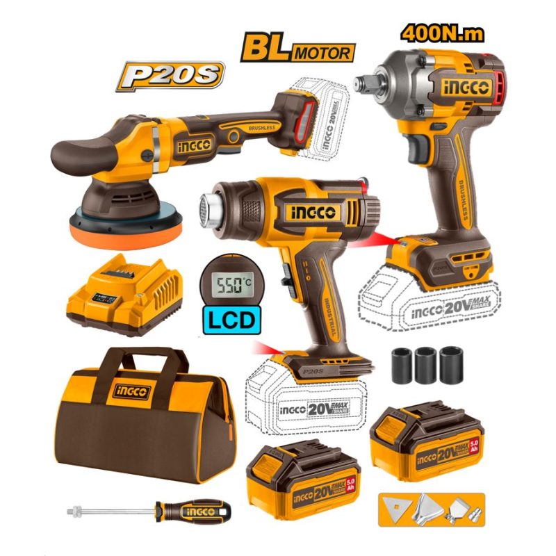COMBO DE HERRAMIENTA INGCO PISTOLA CALOR+P.IMPACTO+ROBINEADORA ROTOORBITAL - COSLI240863