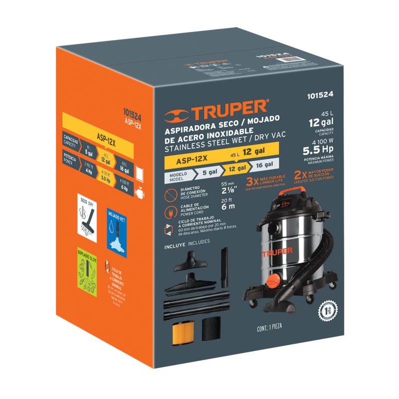 ASPIRADORA TRUPER ACERO INOX 12 GAL, 101524