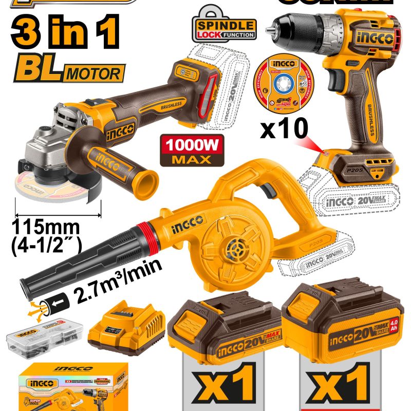 COMBO INGCO 3 PCS, TALADRO+PULIDORA+SOPLADORA 20V, UCOSLI241192
