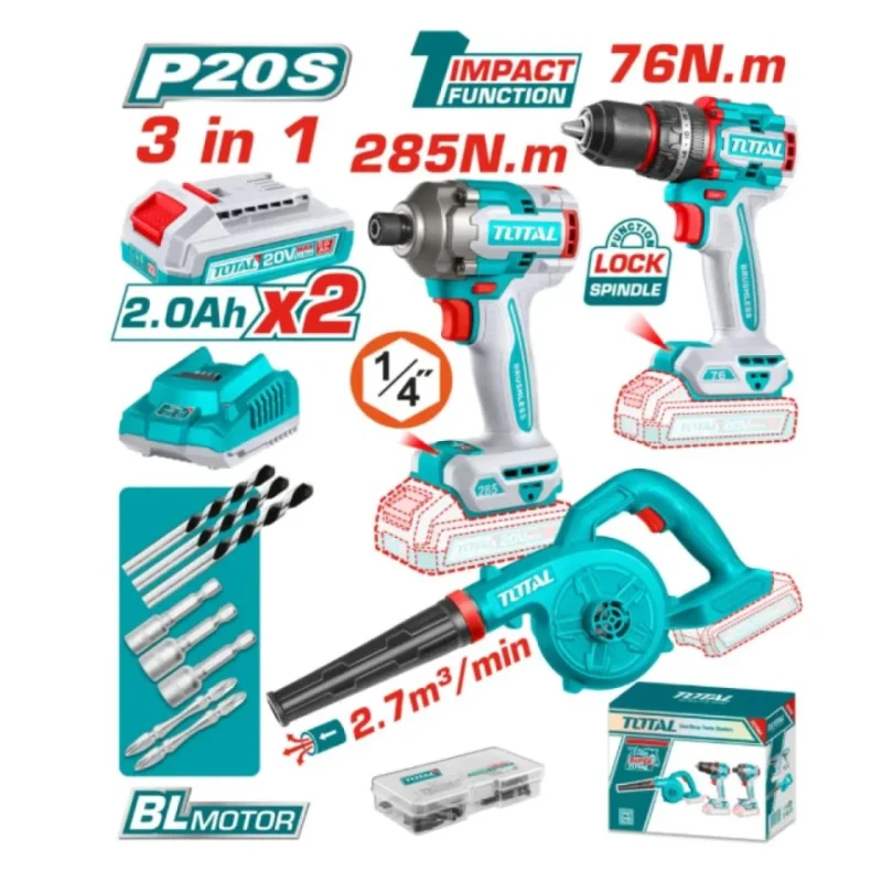 COMBO TOTAL 3PCS, ATORNILLADOR, TALADRO, SOPLADORA, UTOSLI250182