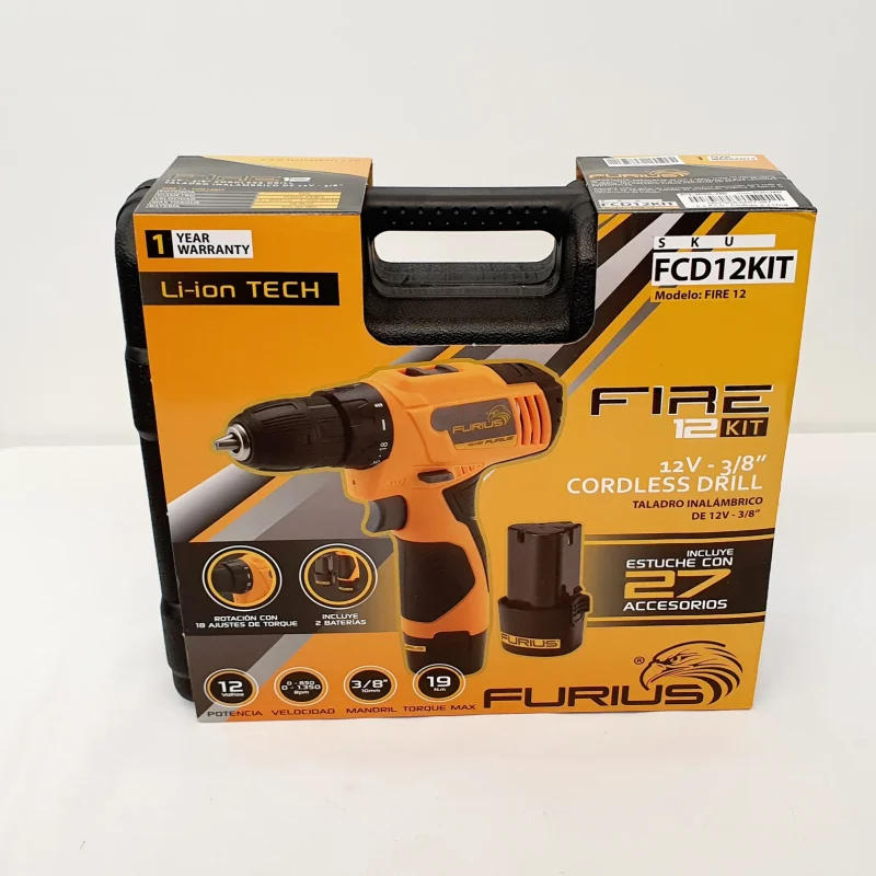 TALADRO INALAMBRICO FURIUS 12V + 27 ACCESORIOS FCD12KIT
