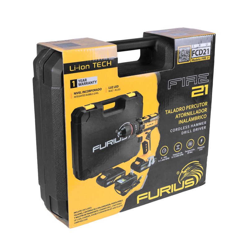 Taladro Rotomartillo Atornillador Inalámbrico 21V de 1/2" (13mm) FURIUS con 2 Baterías, Cargador y Estuche Plástico
