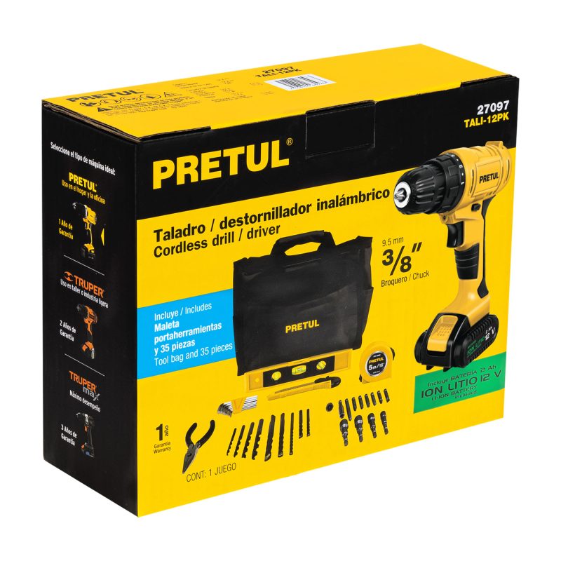 TALADRO INALAMBRICO PRETUL 12 V + ACCESORIOS 3/8 27097