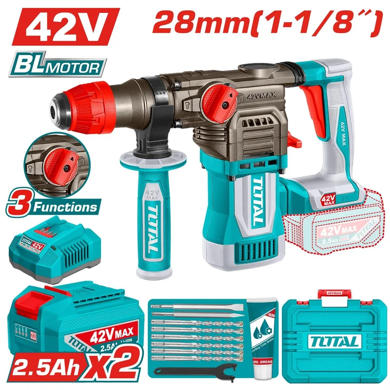 TALADRO ROTOMARTILLO 1-1/8" SDS PLUS 42V 4.5 JULES INCLUYE 2 BATERIAS 2.5 AH, 1 CARGADOR TOTAL